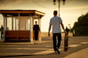Student skateboarder walking down beach
